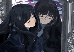 1girl against_mirror black_dress black_gloves black_theme blunt_bangs broken_mirror cardcaptor_sakura checkered_floor closed_eyes daidouji_tomoyo dress edoya_inuhachi gloves hair_over_shoulder hand_on_mirror highres indoors long_hair mirror parted_lips reflection solo