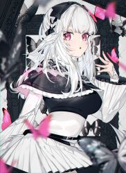 1girl :o absurdres au_ra black_capelet bug butterfly capelet dragon_girl dragon_horns final_fantasy final_fantasy_xiv hair_ribbon highres horns insect looking_at_viewer motsuni_(lxxe1120) red_eyes ribbon scales skirt solo warrior_of_light_(ff14) white_hair white_skirt