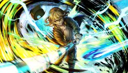 Rule 34 | 1boy, baseball bat, baseball cap, blonde hair, clenched teeth, green eyes, green hat, green jacket, hair between eyes, hat, highres, holding, holding baseball bat, jacket, looking at object, male focus, medium hair, motion blur, non-web source, official art, shirokane haru, shirt, solo, swinging baseball bat, teeth, tribe nine, unworn hat, unworn headwear, white shirt