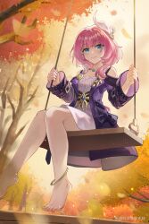 absurdres autumn barefoot blue_eyes breasts chinese_commentary coat commentary_request cyrene_(honkai:_star_rail) dress falling_leaves feet hair_ornament henjiwumei highres honkai:_star_rail honkai_(series) jewelry leaf looking_at_viewer miyoushe_watermark multicolored_hair necklace on_swing outdoors pink_hair purple_coat short_hair small_breasts smile swing swing_set toes tree two-tone_hair watermark white_dress white_hair