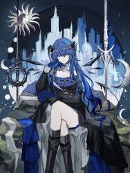 1girl ambience_synesthesia arknights arm_support asymmetrical_gloves black_boots black_robe boots cityscape crossed_legs gloves grey_gloves hair_between_eyes highres horns knee_boots long_hair long_sleeves mostima_(arknights) mostima_(ethereal_harmony)_(arknights) potettoe purple_gloves purple_hair robe rock sitting smile solo very_long_hair
