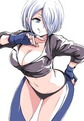 1girl angel_(kof) black_gloves black_jacket black_panties blue_eyes breasts chaps cleavage collarbone cropped_jacket female_focus gloves hair_over_one_eye hand_on_own_ass highres ikaringo_(ikaringo4444) jacket large_breasts leather leather_jacket licking_lips long_sleeves looking_to_the_side midriff navel open_clothes panties revealing_clothes short_hair sidelocks simple_background smile snk solo the_king_of_fighters the_king_of_fighters_2001 tongue tongue_out underwear white_background white_hair