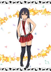 1girl belt black_hair brown_eyes fashion female_focus highres k-on! long_hair nakano_azusa official_style oku_no_shi plaid solo thighhighs twintails