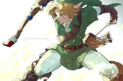 1boy arms_up arrow_(projectile) belt belt_buckle blonde_hair blue_eyes boots bow_(weapon) brown_belt brown_boots brown_gloves buckle chest_belt collared_shirt dynamic_pose fingerless_gloves gloves green_hat green_tunic hat highres holding holding_arrow holding_bow_(weapon) holding_weapon layered_sleeves link long_pointy_ears long_sleeves looking_ahead male_focus nanananana0706 nintendo open_collar pants parted_hair parted_lips pointy_ears quiver shirt short_over_long_sleeves short_sleeves solo the_legend_of_zelda the_legend_of_zelda:_ocarina_of_time thighs tunic weapon white_pants white_shirt