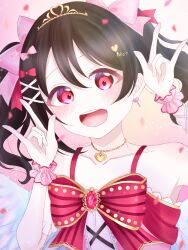 Rule 34 | black hair, bow, detached sleeves, dress, earrings, futaba2328, hair bow, hands up, highres, jewelry, love live!, love live! school idol project, nico nico nii, open mouth, pink bow, pink dress, red bow, red eyes, teeth, twintails, upper body, upper teeth only, yazawa nico