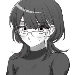 1girl bespectacled commentary_request fujii_ayame futsuu_no_keion-bu glasses greyscale hair_behind_ear highres light_blush looking_at_viewer medium_hair monochrome shirt single_hair_streak sinyojurn solo sweatdrop triangle_mouth turtleneck upper_body white_background wolf_cut