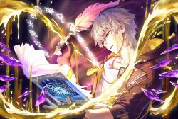 Rule 34 | 0saeng2, 1boy, arm ribbon, artist name, black coat, black gloves, book, caelus (honkai: star rail), coat, collarbone, commentary request, crystal, fingerless gloves, gloves, gold blood, grey hair, hair between eyes, hands up, highres, holding, holding book, holding quill, honkai: star rail, honkai (series), korean commentary, lapels, long sleeves, looking at object, magic, male focus, open book, open clothes, open coat, quill, reading, ribbon, shirt, short hair, solo, t-shirt, teeth, trailblazer (honkai: star rail), two-sided coat, two-sided fabric, upper body, white shirt, yellow coat, yellow eyes