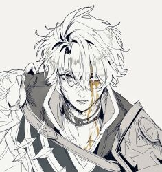 1boy absurdres armor belt choker ggtnnk hair_between_eyes hair_over_one_eye highres honkai:_star_rail honkai_(series) looking_at_viewer male_focus parted_lips partially_colored pauldrons phainon_(honkai:_star_rail) short_hair shoulder_armor simple_background single_pauldron solo upper_body white_background white_hair yellow_blood