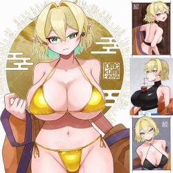 1girl arm_warmers armpits bendy_straw bikini black_sports_bra blonde_hair braid breasts brown_jacket bubble_tea_challenge cleavage cloud collarbone cropped_torso crown_braid cup disposable_cup drink drinking drinking_straw drinking_straw_in_mouth ear_piercing earrings eyeliner food_between_breasts gold_bikini green_eyes hair_between_eyes hair_intakes half_updo high_collar highres huge_breasts jacket jewelry large_breasts looking_at_viewer makeup mismatched_earrings mizuhashi_parsee multicolored_hair multiple_views navel off_shoulder piercing pointy_ears red_eyeliner sash short_hair sideboob signature sleeveless sleeveless_turtleneck solo sports_bra sun swimsuit tomekami touhou turtleneck two-tone_hair white_sash