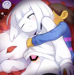 1boy 1girl ;&lt; ? bar_censor black_eyes black_thighhighs blue_shirt blunt_bangs bottomless bright_pupils brown_hair censored closed_mouth colored_skin commentary_request cowboy_shot frisk_(undertale) genderswap genderswap_(otf) genderswap_(otm) ghost ghost_girl hair_behind_ear hair_spread_out in-universe_location leaf long_hair long_sleeves lying napstablook on_side one_eye_closed penis personification pink_shirt puffy_long_sleeves puffy_sleeves sex sex_from_behind shirt spoken_question_mark striped_clothes striped_shirt thighhighs two-tone_shirt undertale vignetting white_hair white_pupils white_shirt white_skin yellow_skin zonu_the_zombie