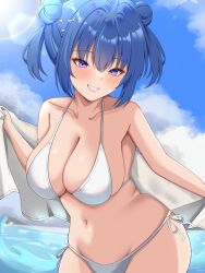 Rule 34 | 1girl, absurdres, alternate costume, bare shoulders, bikini, blue eyes, blue hair, blush, breasts, cleavage, cloud, cloudy sky, collarbone, double bun, duel monster, evil twin lil-la, hair bun, hair ornament, highres, holding, lafremi, large breasts, lil-la (yu-gi-oh!), navel, official alternate hairstyle, open mouth, sarong, short hair, side-tie bikini bottom, sky, smile, solo, star (symbol), star hair ornament, stomach, swimsuit, white bikini, yu-gi-oh!