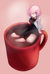 1girl black_dress coffee_mug collar cup dress drink fate/grand_order fate_(series) food glasses hair_over_one_eye harukappa highres hot_chocolate in_container in_cup in_food jacket light_purple_hair looking_at_viewer marshmallow mash_kyrielight mini_person minigirl mug necktie pantyhose purple_eyes purple_hair short_hair smile solo steam