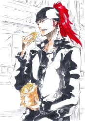 1boy abarai_renji absurdres alternate_costume bag bandana black_bandana black_jacket bleach casual commentary_request contemporary cowboy_shot food forehead_tattoo hand_up highres holding holding_bag holding_food jacket ken&#039;ichi_(ken1ro_u) long_hair long_sleeves looking_afar male_focus open_mouth ponytail puff_of_air red_hair simple_background sketch solo taiyaki teeth traditional_media upper_teeth_only wagashi white_background