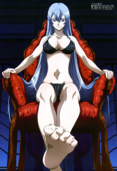 10s 1girl absurdres akame_ga_kill! armchair barefoot bikini black_bikini black_bra black_panties blue_eyes blue_hair bra breasts chair cleavage colored_eyelashes esdeath feet female_focus foot_focus highres large_breasts legs long_hair matching_hair/eyes megami_magazine nakamura_kazuhisa navel non-web_source official_art panties sitting smile soles solo swimsuit toe_scrunch toes underwear very_long_hair