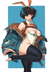 1girl absurdres adapted_costume alternate_costume animal_ears black_hair blue_hair blue_jacket blue_streaks breasts detached_collar fake_animal_ears feet guilty_gear guilty_gear_strive highres jacket leotard multicolored_hair no_shoes open_clothes open_jacket playboy_bunny rabbit_ears red_eyes short_hair stirrup_legwear strapless strapless_leotard streaked_hair sweat toeless_legwear unika_(guilty_gear) void_dot_exe