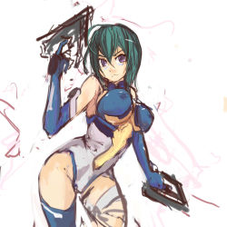 &gt;:( 00s 1girl ahoge aqua_hair armpits bare_shoulders blue_gloves blue_thighhighs bodysuit breasts center_opening constricted_pupils covered_erect_nipples cowboy_shot dual_wielding elbow_gloves facial_mark female_focus frown gloves green_hair groin gun hair_between_eyes halterneck hand_up handgun highleg highleg_leotard highres holding holding_weapon kannagi_itsuki large_breasts leotard panties_(pantsu-pirate) pilot_suit pistol purple_eyes serious short_hair single_thighhigh sketch solo sora_wo_kakeru_shoujo thighhighs turtleneck underboob v-shaped_eyebrows weapon white_background