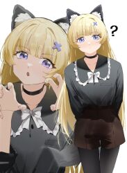 1girl :o ? alternate_costume animal_ear_hairband animal_ears arms_behind_back artist_self-reference black_choker black_pantyhose black_shirt blonde_hair bow bowtie brown_shorts cat_ear_hairband cat_ears choker claw_pose collarbone commentary cropped_torso cryne english_commentary fake_animal_ears fingernails hair_ornament hairband hands_up highres light_blush long_hair looking_at_viewer multiple_views pantyhose phoebe_(wuthering_waves) purple_eyes shirt shorts simple_background tacet_mark_(wuthering_waves) white_background white_bow white_bowtie wuthering_waves x_hair_ornament