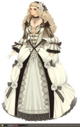 1girl blonde_hair breasts cleavage dress female_focus flower gloves gown granado_espada grey_eyes hair_flower hair_ornament jewelry large_breasts long_hair maggi necklace solo warlock warlock_(granado_espada) white_dress