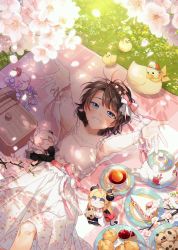 1girl absurdres alternate_costume bird black_hair blanket blue_eyes blush breasts cake character_doll cleavage commentary cookie cream_puff cup dappled_sunlight day doll dress duck feet_out_of_frame flower food foreshortening from_above fruit grass grin hair_flower hair_ornament hair_ribbon highres himemori_luna hololive jam lemon looking_at_viewer lying medium_breasts on_back ooo0917 oozora_subaru outdoors outstretched_arms petals picnic picnic_basket pink_ribbon plate ribbon see-through_clothes see-through_dress see-through_sleeves shishiro_botan short_hair smile solo strawberry strawberry_shortcake subaru_duck sunlight swept_bangs symbol-only_commentary teacup teapot virtual_youtuber white_dress wrist_ribbon yuzuki_choco