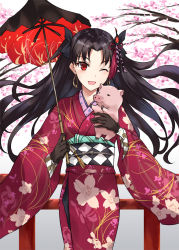Rule 34 | 1girl, ;d, animal, asle, black gloves, black hair, black ribbon, black umbrella, chinese zodiac, commentary request, earrings, fate/grand order, fate (series), female focus, floral print, gloves, hair ornament, hair ribbon, holding, holding umbrella, ishtar (fate), ishtar (formal dress) (fate), japanese clothes, jewelry, kimono, long hair, long sleeves, obi, one eye closed, open mouth, parted bangs, pig, print kimono, red eyes, red kimono, red umbrella, ribbon, sash, smile, solo, two side up, umbrella, very long hair, wide sleeves, year of the pig