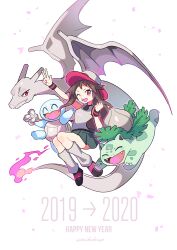 1girl alternate_color black_footwear brown_eyes brown_hair charizard claws full_body game_freak gen_1_pokemon grey_hat grey_leg_warmers grey_shirt happy_new_year hat ivysaur leaf_(pokemon) leg_warmers long_hair new_year nintendo one_eye_closed open_mouth player_2 pleated_skirt pokemon pokemon_(creature) pokemon_frlg red_eyes shirt shoes skirt squirtle super_smash_bros. yasaikakiage