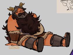 1boy bara beard belly doodle_inset dungeon_meshi dwarf facial_hair fake_horns fat fat_man full_body hands_on_floor helmet horned_helmet horns long_beard male_focus mustache relaxing seagiri senshi_(dungeon_meshi) sitting solo thick_mustache very_long_beard