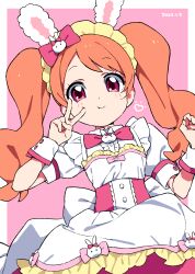 1girl :t absurdres animal_ear_hairband animal_ears apron back_bow border bow bowtie brooch buttons center_frills closed_mouth collared_shirt dated dress fake_animal_ears frilled_dress frilled_hairband frills hair_bow hairband highres hiji_rida jewelry kirakira_precure_a_la_mode long_hair looking_at_viewer orange_hair pink_background pink_bow pink_bowtie pink_eyes pink_skirt precure puffy_short_sleeves puffy_sleeves rabbit_ear_hairband rabbit_ears shirt short_sleeves skirt solo twintails usami_ichika v waist_apron white_shirt wrist_cuffs