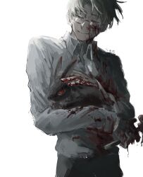 1boy animal arm_around_waist black_rabbit_(animal) blonde_hair blood blood_on_clothes blood_on_face blood_on_hands closed_eyes collared_shirt cowboy_shot glasses head_tilt headpat highres holding holding_animal looking_at_viewer male_focus original red_eyes shirt short_hair smile solo white_shirt wuruko