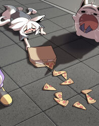 1girl absurdres ahoge animal_ears black_shirt blush closed_eyes cocomayo29_(tomato) commentary_request crying fang food fox_ears fox_girl fox_tail highres hololive korean_commentary long_hair low-tied_long_hair miteiru_(shirakami_fubuki) nekomata_okayu nekomata_okayu_(1st_costume) nose_blush on_floor open_mouth out_of_frame photo-referenced pizza pizza_box pizza_slice shirakami_fubuki shirt shoes slippers solo_focus tail tile_floor tiles virtual_youtuber white_hair white_slippers yellow_shoes