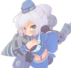 1girl absurdres beret blue_hat blue_jacket blush breasts cleavage drill emil_chronicle_online foxtrot_b3_alma from_side green_eyes hat highres jacket large_breasts mecha_musume mechanical_wings midriff navel oppai_loli ponytail silver-index upper_body white_background white_hair wings