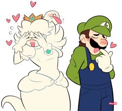 1boy 1girl artist_name blue_overalls blush boo_(mario) brown_hair closed_eyes covering_own_eyes crown dress earrings facial_hair finger_to_mouth flower_earrings ghost gloves green_hat green_shirt hat heart highres jewelry long_sleeves luigi manysart1 mario_(series) mustache nintendo open_mouth overalls princess princess_daisy puffy_short_sleeves puffy_sleeves shirt short_hair short_sleeves smile tongue tongue_out white_background white_dress white_gloves
