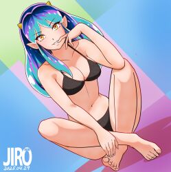 Rule 34 | 1girl, artist logo, barefoot, bikini, black bikini, breasts, cleavage, collarbone, cone horns, dated, dutch angle, finger to mouth, full body, green hair, highres, horns, jirohhb, logo, long hair, looking at viewer, lum, navel, pointy ears, sidelocks, sitting, solo, swimsuit, urusei yatsura