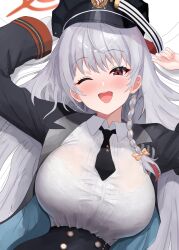 1girl absurdres aya-cis bed_sheet black_hat black_necktie black_skirt blue_archive bra braid breasts commentary_request grey_hair halo haruna_(blue_archive) hat high-waist_skirt highres huge_breasts long_hair long_sleeves looking_at_viewer necktie one_eye_closed open_mouth peaked_cap red_eyes red_halo see-through_clothes see-through_shirt shirt single_braid skirt solo teeth underwear upper_teeth_only white_shirt