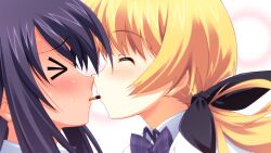 &gt;_&lt; 2girls aoi_sena black_bow blonde_hair blush bow bowtie chaos;head chaos;head_love_chu_chu! closed_eyes collared_shirt face-to-face food food_in_mouth full-face_blush game_cg hair_bow imminent_kiss imminent_pocky_kiss incoming_pocky_kiss long_hair long_sidelocks matsuo_yukihiro mouth_hold multiple_girls nervous_sweating non-web_source official_art orihara_kozue pink_lips plaid_bow plaid_bowtie plaid_clothes pocky pocky_in_mouth pocky_kiss purple_bow purple_bowtie purple_hair school_uniform shared_food shiny_lips shiny_skin shirt sidelocks suimei_school_uniform suimei_summer_uniform sweat sweatdrop twintails white_shirt worried yuri