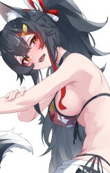 1girl absurdres animal_ear_fluff animal_ears armpits bikini black_choker black_hair blush breasts choker commentary_request from_side front-tie_bikini_top front-tie_top hair_between_eyes hair_ornament hair_ribbon hairclip hand_on_own_arm highres hololive korean_commentary large_breasts long_hair looking_at_viewer multicolored_hair official_alternate_costume ookami_mio ookami_mio_(hololive_summer_2019) open_mouth orange_eyes red_hair red_ribbon rei_(9086) ribbon shorts side-tie_bikini_bottom sidelocks simple_background smile solo streaked_hair swimsuit tail teeth tongue very_long_hair virtual_youtuber white_background white_bikini white_ribbon white_shorts wolf_ears wolf_girl wolf_tail