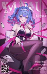 1girl absurdres ahoge alternate_costume animal_ears arm_belt belt black_belt black_leotard black_pantyhose black_ribbon black_shoes blue_eyes blue_hair blush borii breasts card colored_tips detached_collar english_text facial_tattoo fake_animal_ears feet_out_of_frame fingernails hair_between_eyes hair_ornament hair_ribbon hairband hand_up hatsune_miku heart heart-shaped_pupils high_heels highres large_breasts leotard multicolored_hair necktie on_floor pantyhose pillow pink_background pink_hair pink_nails pink_necktie pink_ribbon playboy_bunny pole qr_code rabbit_ears rabbit_hole_(vocaloid) ribbon shadow shoes short_necktie short_twintails sitting smile solo streaked_hair stuffed_animal stuffed_toy symbol-shaped_pupils tattoo teardrop_facial_mark tongue tongue_out twintails two-tone_hair vocaloid white_hairband