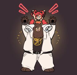 1boy 1girl animal_ears arms_up barefoot bear_boy bear_ears ben_bigger black_tank_top brown_fur chain chain_necklace chibi chibi_only commentary english_commentary eyepatch fangs fat fat_man furry furry_male grin highres jacket jewelry koleda_belobog looking_at_viewer necklace notice_lines on_shoulder one_eye_covered open_mouth pants pawpads red_hair scar scar_across_eye scar_on_face smile starbuchi tank_top white_jacket white_pants zenless_zone_zero