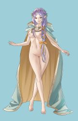 1girl barefoot blue_background blue_cape braid breasts cape casual_nudity fire_emblem fire_emblem:_the_binding_blade flower_wreath green_eyes hair_ribbon heterochromia highres idunn_(divine_demon)_(fire_emblem) idunn_(fire_emblem) large_breasts light_persona long_hair looking_at_viewer naked_cape navel nintendo nipples nude pointy_ears pomelomelon purple_hair pussy red_eyes ribbon side_braid smile solo