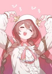 Rule 34 | 1girl, adjusting hood, amayui moka, arms up, blush, braid, brown hair, center frills, closed eyes, double-parted bangs, flower ornament, frills, hair between eyes, highres, hood, long hair, long sleeves, neckerchief, niboshidrip, open mouth, pink background, simple background, solo, twin braids, upper body, virtual youtuber, vspo!, white hood