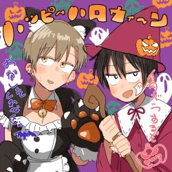 2girls :d animal_ears animal_hands apron bell black_dress black_eyes black_hair blush bow bowtie breasts bright_pupils brown_hair cat_ears cat_paws cleavage dress ear_piercing earrings fake_animal_ears ghost halloween hat highres holding holding_staff ishikawa_kazuki_(kaju_4) jack-o&#039;-lantern jack-o&#039;-lantern_earrings jewelry jingle_bell kaju_4 miura_you_(kaju_4) multiple_girls open_mouth orange_bow orange_bowtie orange_eyes original piercing purple_background red_hat short_hair short_sleeves smile staff undercut upper_body waist_apron white_pupils wing_collar witch
