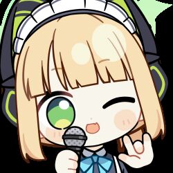 Rule 34 | 1girl, ;d, \m/, animal ear headphones, animal ears, animated, animated gif, apron, aqua bow, aqua bowtie, beamed eighth notes, black dress, blonde hair, blue archive, blunt bangs, blunt ends, blush stickers, bow, bowtie, cat ear headphones, cat ears, chibi, chunye haruya, collared dress, commission, contrast collar, disembodied hand, dot nose, dress, fake animal ears, fang, green eyes, green halo, halo, headphones, holding, holding microphone, looking at viewer, looping animation, lowres, maid, maid apron, maid headdress, microphone, midori (blue archive), midori (maid) (blue archive), missing commentary, music, musical note, official alternate costume, official alternate hairstyle, one eye closed, open mouth, ponytail, second-party source, short hair, sidelocks, simple background, singing, skin fang, smile, solo, transparent background, upper body, white apron, white headdress