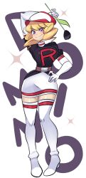 1girl absurdres black_flower black_tulip blonde_hair boots breasts closed_mouth domino_(pokemon) drill_hair elbow_gloves flower gloves hat highres holding looking_at_viewer missandydandy nintendo pokemon pokemon_(anime) pokemon_(classic_anime) purple_eyes skirt smile solo team_rocket team_rocket_uniform thigh_boots tulip white_gloves