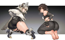2girls absurdres arknights armored_boots ass bare_shoulders barefoot black_gloves black_shorts boots breasts brown_eyes brown_hair chinese_commentary commentary_request compression_sleeve expressionless fartooth_(arknights) feather_hair fingerless_gloves flashsunder gauntlets gloves grey_hair high_heels highres long_hair long_sleeves looking_at_viewer looking_back midriff multiple_girls official_alternate_costume plume_(arknights) plume_(easy_time)_(arknights) shirt short_hair shorts simple_background sports_bra sweat thigh_strap visor_(armor) visor_lift white_shirt yellow_eyes
