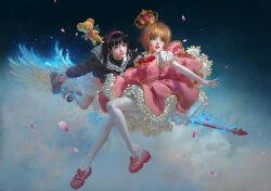 2girls black_hair cardcaptor_sakura crown daidouji_tomoyo dress green_eyes highres kinomoto_sakura long_hair multiple_girls pantyhose petals pink_dress pink_shoes ruanjia shoes socks white_pantyhose white_socks
