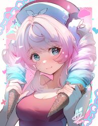 Rule 34 | 1girl, 2025, absurdres, aqua eyes, aqua hair, artezahn, breasts, camisole, cleavage, commentary, english commentary, hat, highres, holding, holding ice cream cone, honkai: star rail, honkai (series), hyacine (honkai: star rail), ice cream cone, looking at viewer, medium breasts, medium hair, multicolored hair, pink hair, red camisole, red hat, signature, smile, solo, two-tone hair, upper body