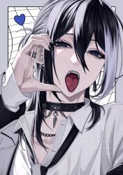 1boy absurdres androgynous black_jacket black_nails blue_eyes chain choker collared_shirt earrings fang fellatio_gesture forute_na heart highres jacket jewelry looking_at_viewer male_focus medium_hair multicolored_hair nail_polish necktie net open_mouth original outside_border piercing portrait ring shirt solo tongue tongue_out tongue_piercing white_shirt