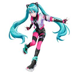 1girl 3d absurdres animal_ear_headphones animal_ears black_boots black_gloves black_shirt black_shorts blue_nails boots cat_ear_headphones closed_mouth colored_shoe_soles commentary_request cropped_jacket elbow_gloves fake_animal_ears fingerless_gloves floating_hair full_body game_model gloves hair_between_eyes hatsune_miku headphones headset highres holographic_clothing jacket leggings long_hair looking_at_viewer nail_polish official_art open_clothes open_jacket outstretched_arms pink_leggings shirt shorts simple_background smile solo sonic_(series) sonic_racing:_crossworlds thigh_strap twintails very_long_hair vocaloid white_background white_jacket