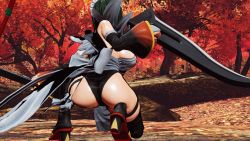 1girl 3d ass black_hair black_leotard breasts butterfly_swords curvy forest highleg highleg_leotard highres huge_ass iroha_(samurai_spirits) large_breasts leotard leotard_under_clothes looking_to_the_side maid maid_headdress nature ryona samurai_spirits screencap shiny_skin short_hair sideboob skindentation solo squatting thighhighs third-party_edit thong_leotard tree wide_hips