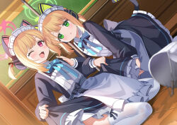Rule 34 | 2girls, animal ear headphones, animal ears, apron, black dress, blonde hair, blue archive, blue bow, bow, bucket, collared dress, commentary request, dress, dutch angle, fake animal ears, frilled apron, frilled dress, frills, green eyes, hair ribbon, halo, headphones, kurot, long sleeves, maid, maid apron, maid headdress, midori (blue archive), midori (maid) (blue archive), momoi (blue archive), momoi (maid) (blue archive), multiple girls, on floor, puffy long sleeves, puffy sleeves, purple eyes, red ribbon, ribbon, siblings, sisters, spill, tail, thighhighs, twins, twintails, wet thighhighs, white apron, white thighhighs, wooden floor