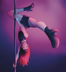 1boy boots crop_top gradient_background high_heel_boots high_heels highres merry_medley multicolored_hair one_eye_closed pole pole_dancing shorts simple_background smile stripper_pole toned toned_male tsubakino_tasuku upside-down wind_breaker_(nii_satoru)